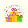 Gift boxes pile with confetti, ribbon and bow. Surprise present package. Birthday, Christmas, Holiday, greeting card design Royalty Free Stock Photo